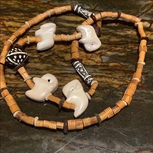 Vintage Carved Bone Elephant & Beaded 30” Necklace